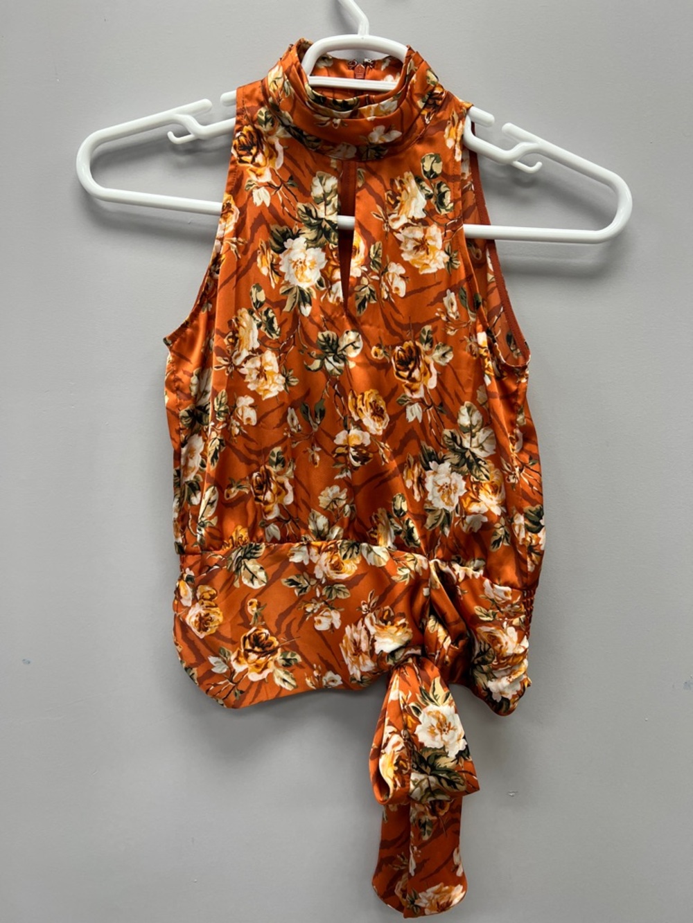 White House Black Market Orange Floral Tie-Waist Halter Camisole